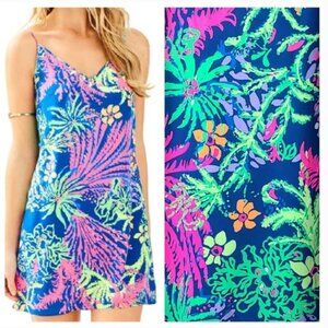 Lilly Pulitzer Lela Silk Slip Dress -Floral Print Indigo All A Glow XS